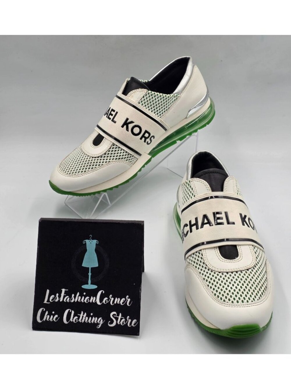 Michael Kors Women's Green White Logo Strap Slip-On Sneakers Size 8 3980